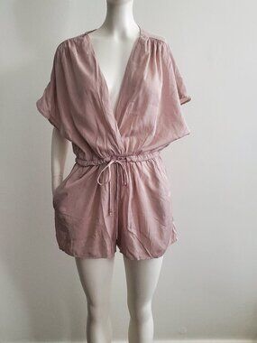 EVNL Blush Pink Satin Deep V-Neck Romper Medium Short Sleeve Elastic Waist